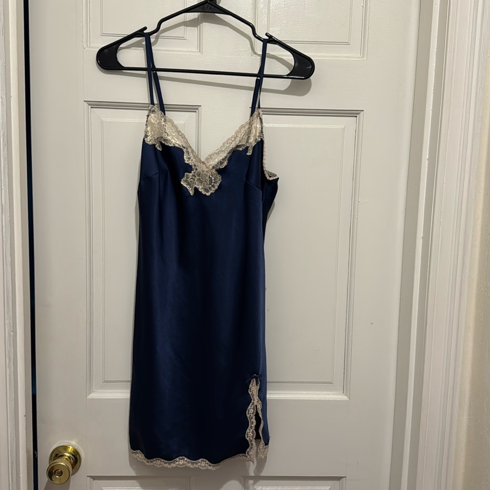 Victoria’s Secret Blue and Gold Lace Slip Dress Lingerie Size M